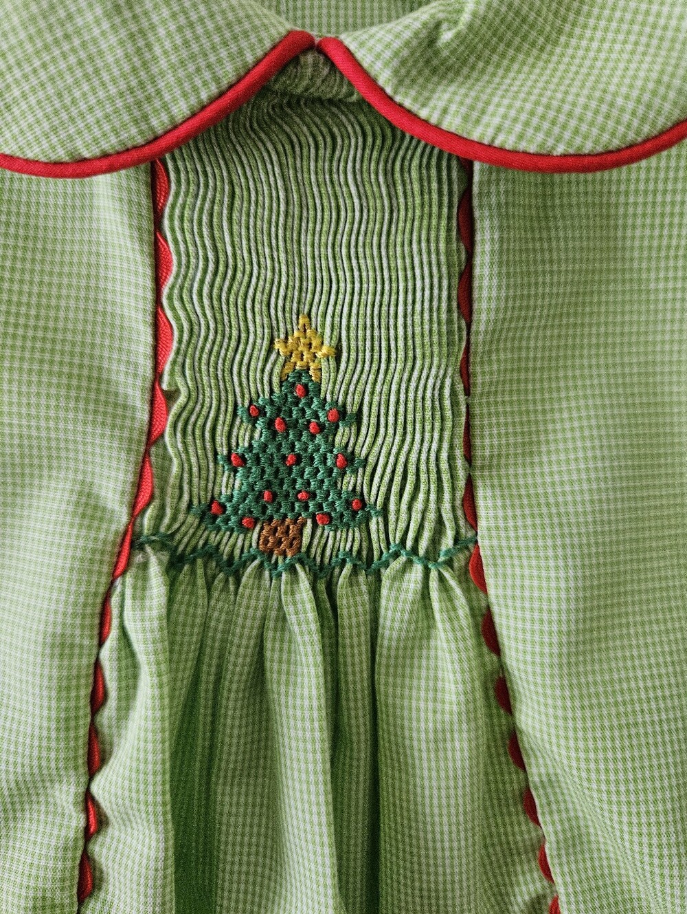 Baby Blessings Green & White Microcheck Smocked Christmas Tree Bubble | Size 6M - Picture 6 of 6